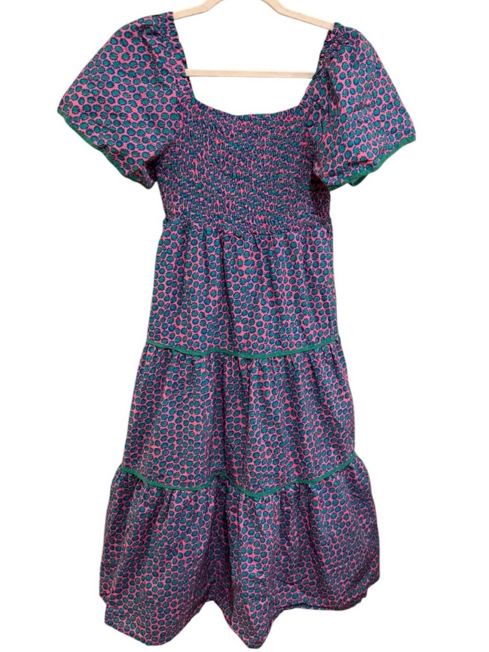 Umgee Purple Pink Green Geometric Print Tiered Smocked Midi Dress Puff Sleeves